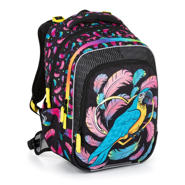 Školský trojkomorový batoh s odnímateľným bedrovým pásom - papagáj