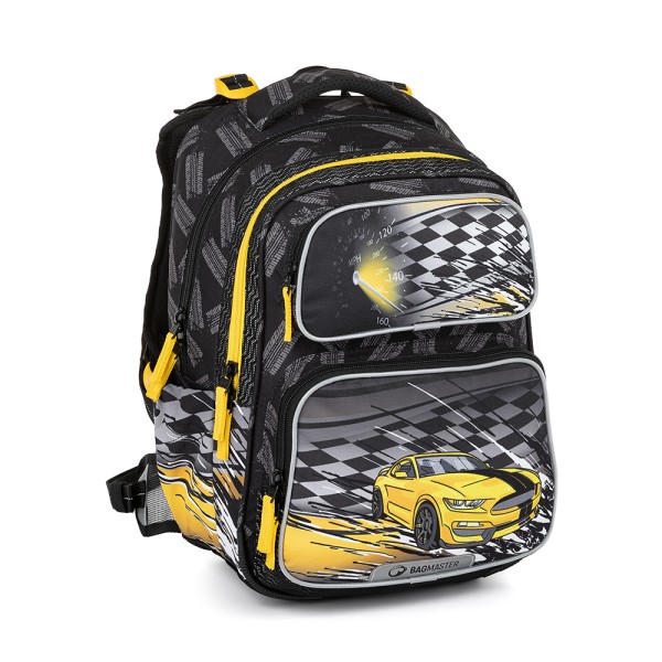 Školský dvojkomorový batoh s bedrovým pásom - žlté auto