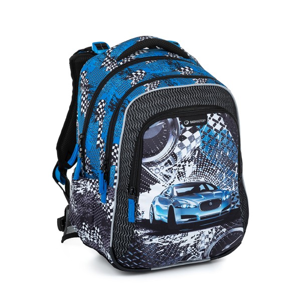 Školský trojkomorový batoh s bederním pásom - modré auto