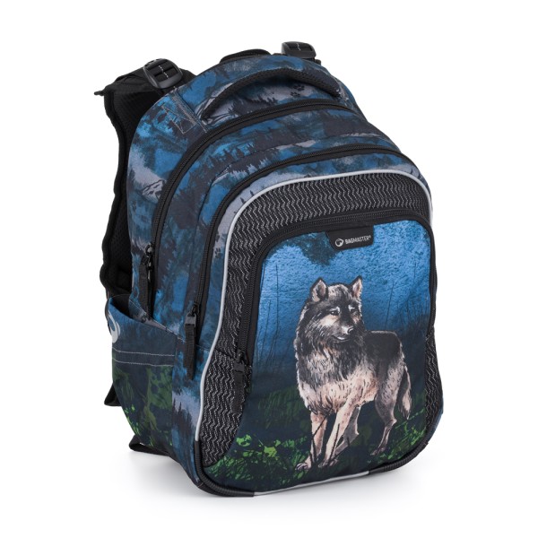 Školský trojkomorový batoh s vyberateľným bedrovým pásom – vlk