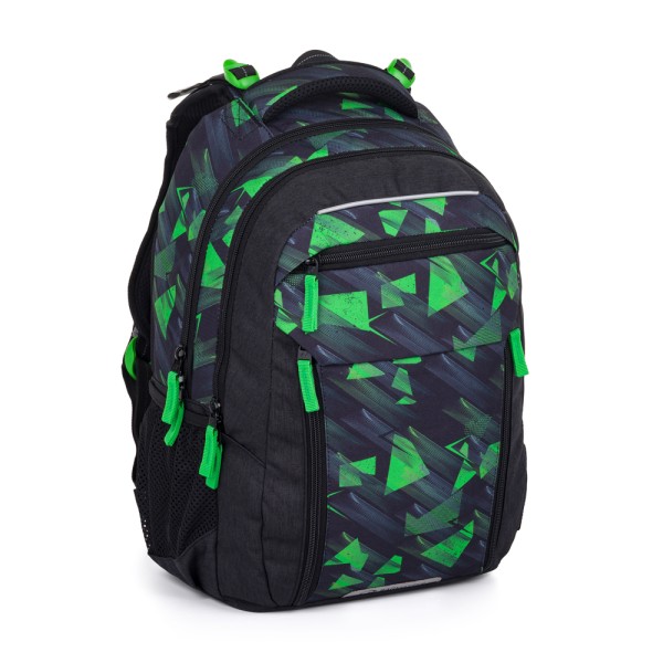 Školský dvojkomorový batoh s odnímateľným bedrovým pásom – čierno-zelený
