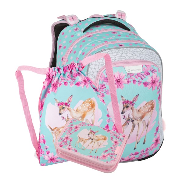 Trojkomorový školský batoh s odnímateľným bedrovým pásom - srnka